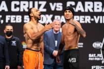 Keith Thurman, left, and Mario Barrios pose during Friday's weigh-in at Michelob Ultra Arena. P ...