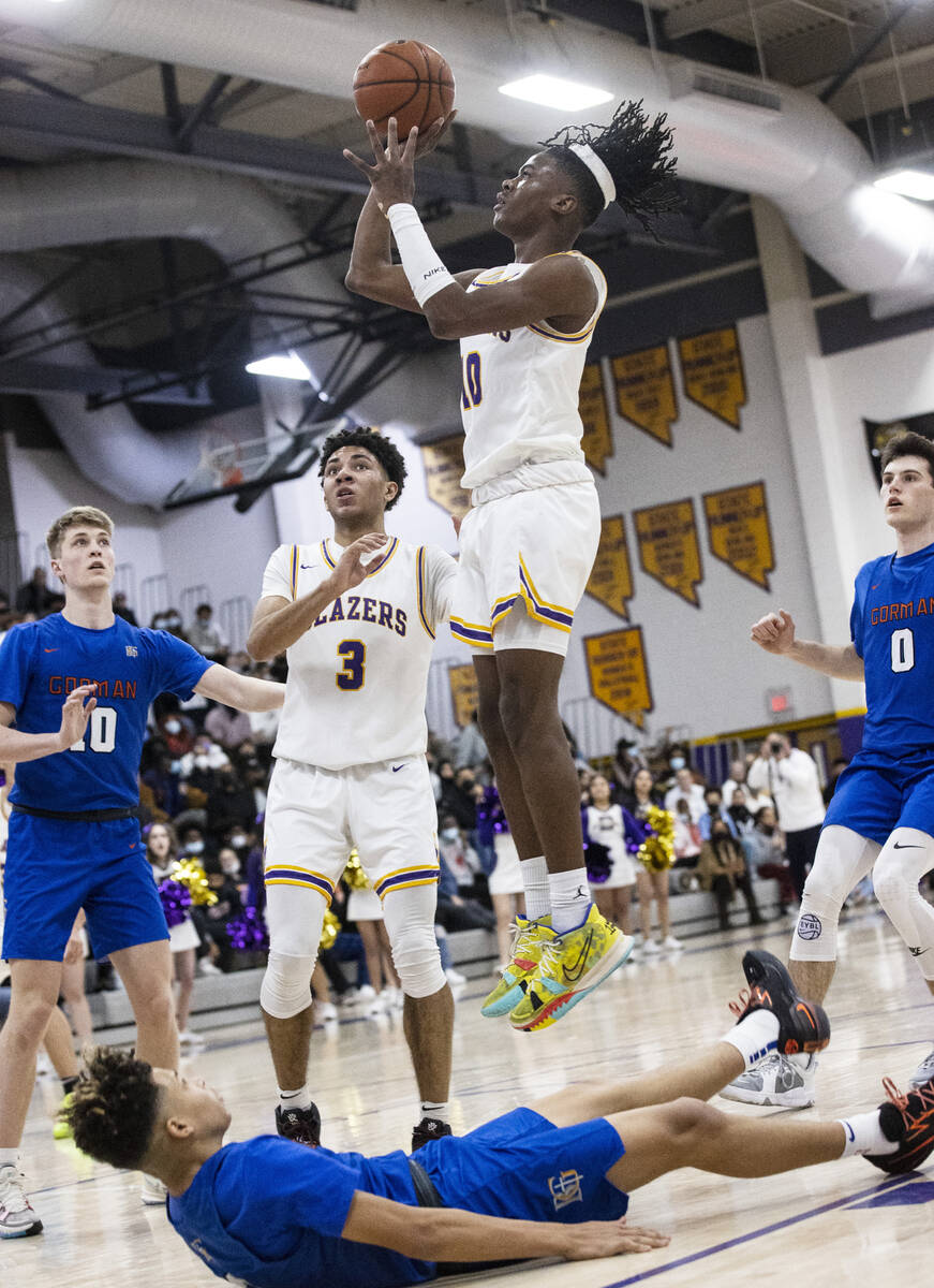 Durango High’s Tylen Riley (10) goes for the hoop against Bishop Gorman during the secon ...