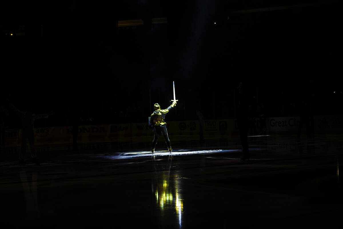 The Golden Knight fires up the crowd before the start of the NHL All-Star Game on Saturday, Feb ...