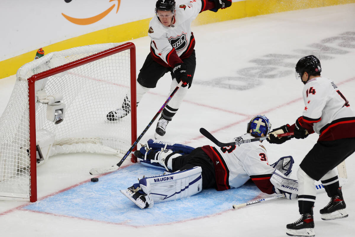 Toronto Maple Leafs goaltender Jack Campbell (36) makes a save during the NHL All-Star Game at ...