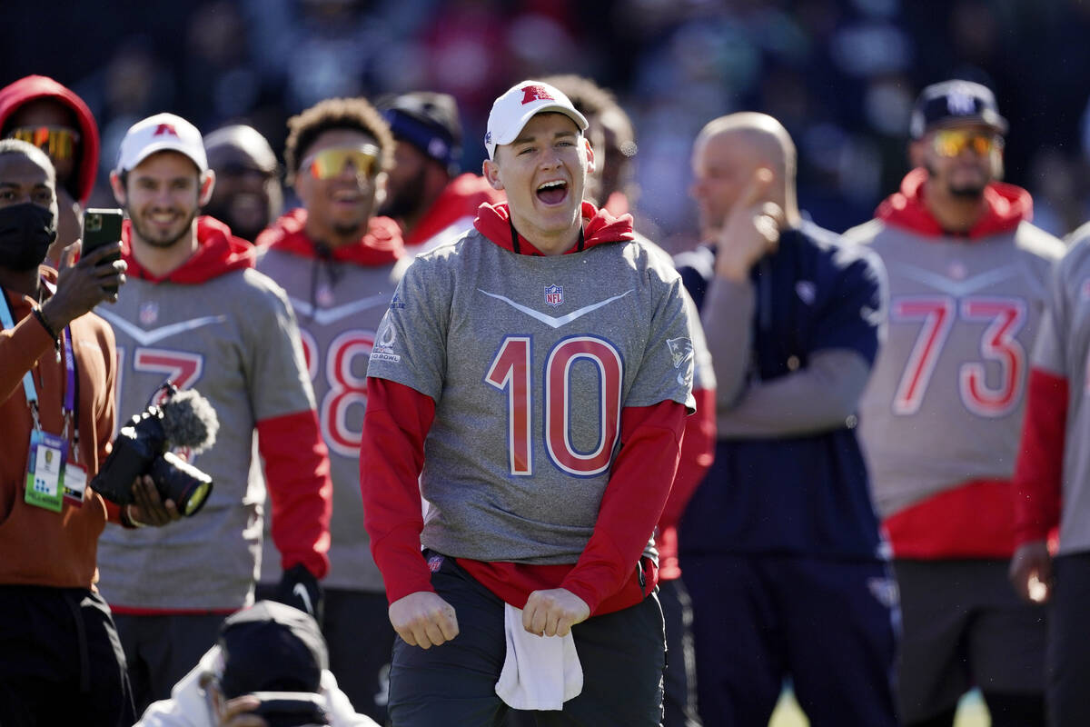 AFC quarterback Mac Jones of the New England Patriots (10) reacts during Pro Bowl NFL football ...