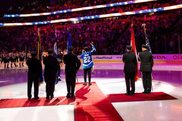 Blanco Brown sings the national anthem before the start of the NHL All-Star Game on Saturday, F ...
