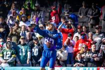 San Francisco 49ers tight end George Kittle (85) takes a selfie with the fans during the NFC Pr ...