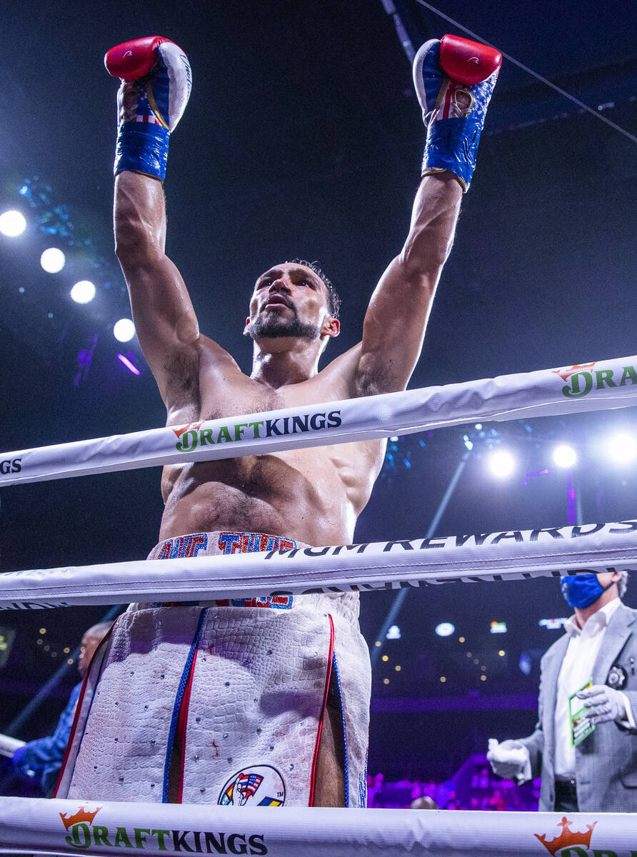 Keith Thurman celebrates his win over Mario Barrios after their 12-round Welterweight fight in ...