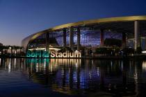 SoFi Stadium stands Friday, Feb. 4, 2022, in Inglewood, Calif. The stadium is the site of NFL f ...
