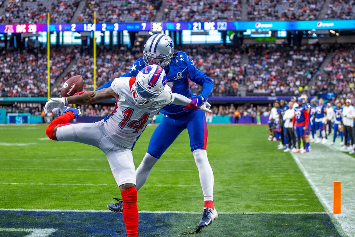 AFC wide receiver Stefon Diggs of the Buffalo Bills (14) has a pass broken up in the end zone b ...