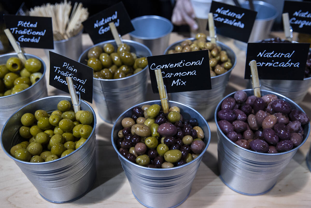 Various types of olives from Spain are displayed at the Fancy Food Show at the Las Vegas Conven ...