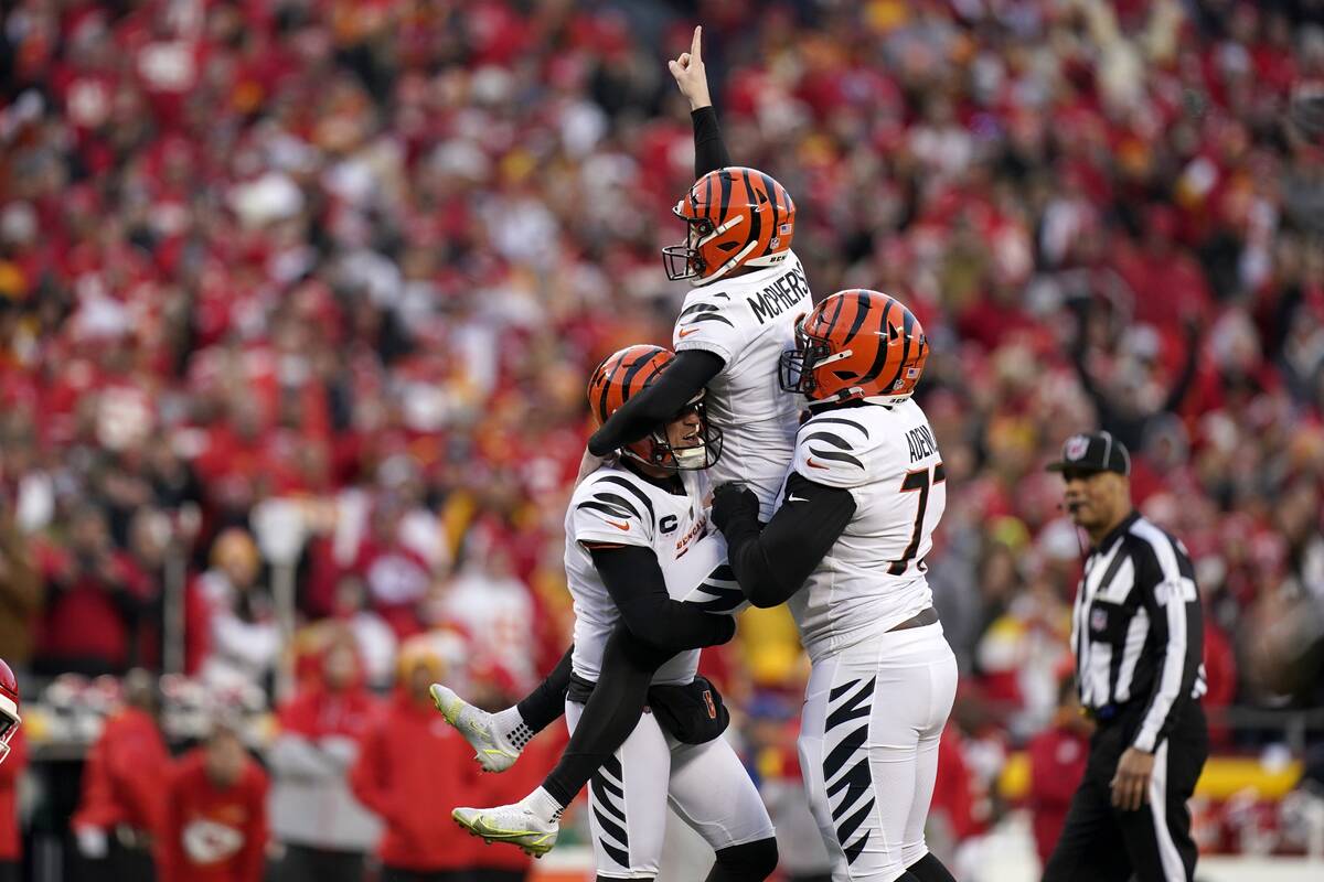 Cincinnati Bengals kicker Evan McPherson (2) celebrates with teammates after kicking a 31-yard ...