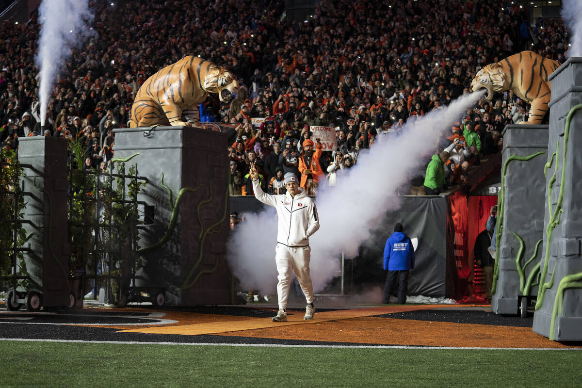 Cincinnati Bengals quarterback Joe Burrow (9) enters the field during the Super Bowl LVI Openin ...