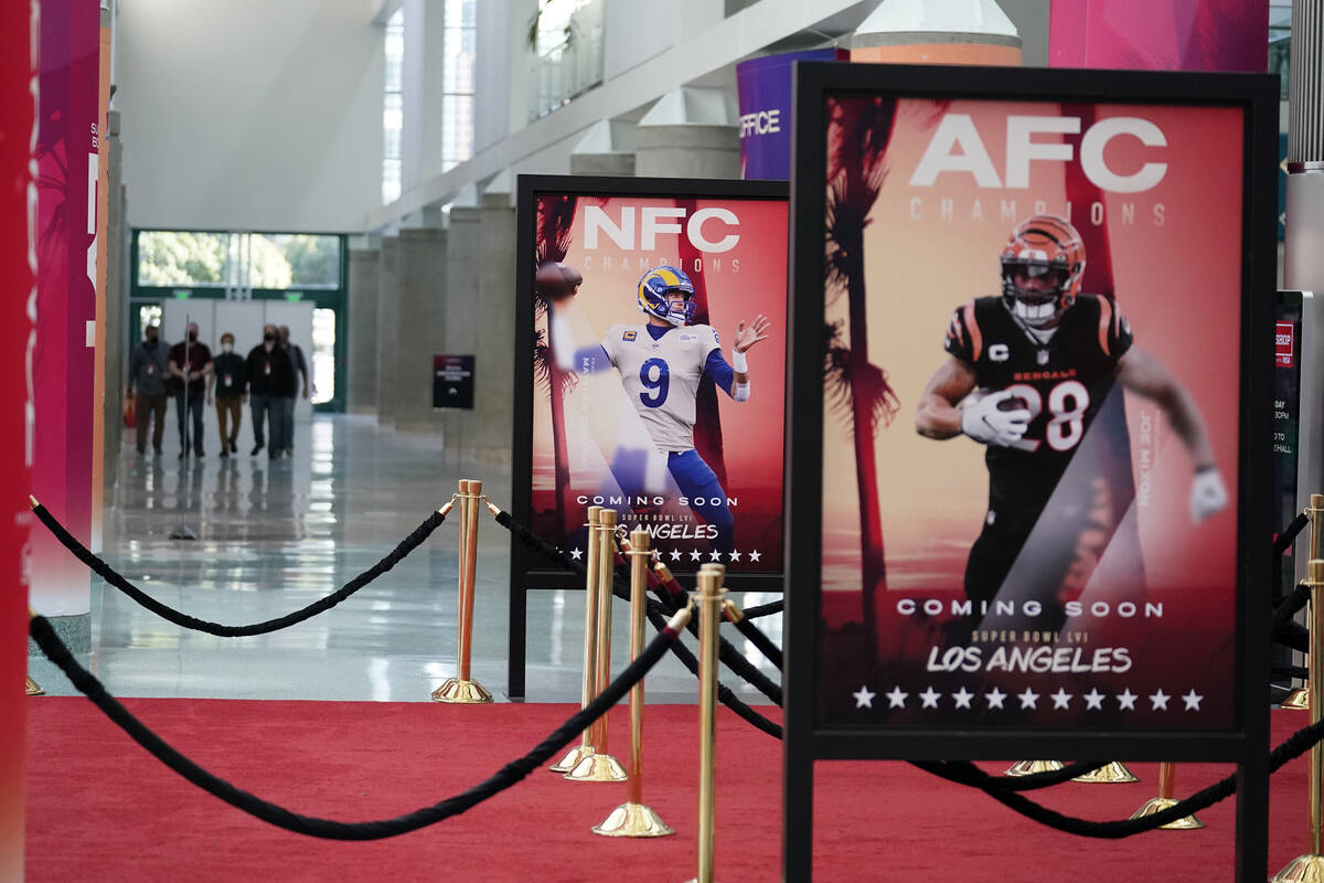 Photographs of Los Angeles Rams and Cincinnati Bengals players decorate the entrance to the NFL ...