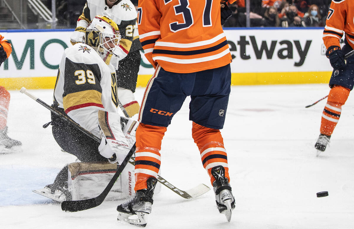 Vegas Golden Knights goalie Laurent Brossoit (39) makes a save against the Edmonton Oilers duri ...