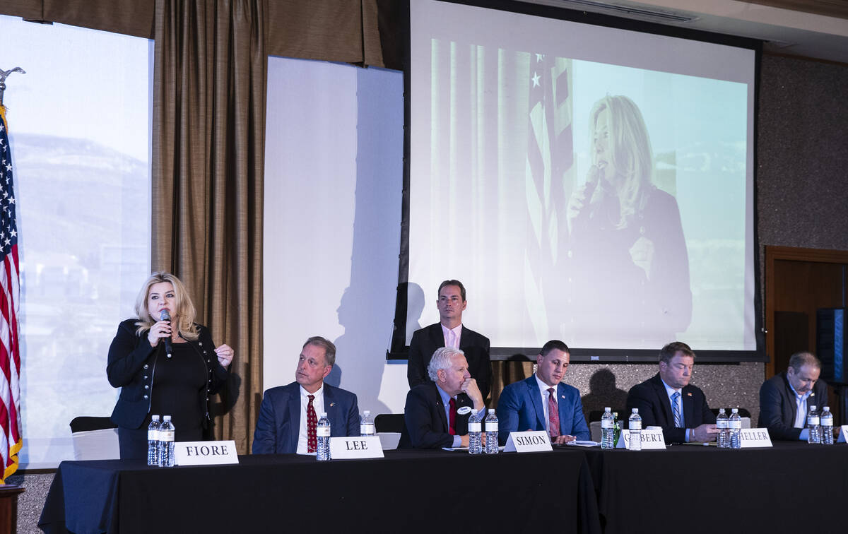 Nevada Republican governor candidate Michele Fiore, left, speaks as candidates left to right, f ...