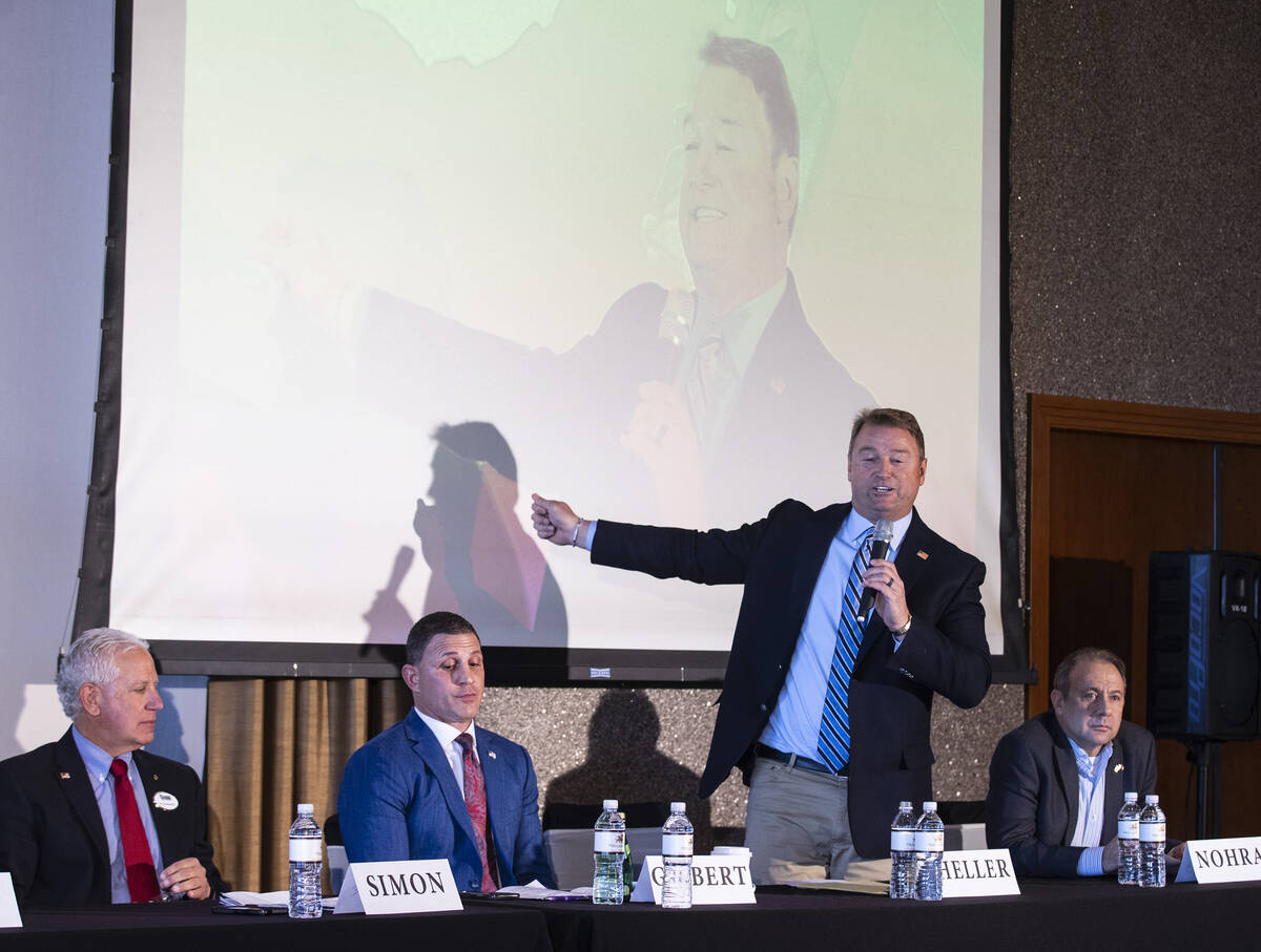 Nevada Republican governor candidates Fred Simon, left, Joey Gilbert of Reno, and Guy Nohra, r ...