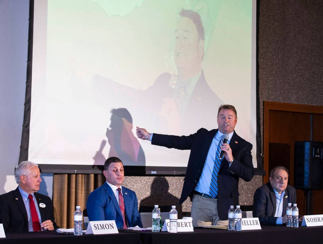 Nevada Republican governor candidates Fred Simon, left, Joey Gilbert of Reno, and Guy Nohra, r ...