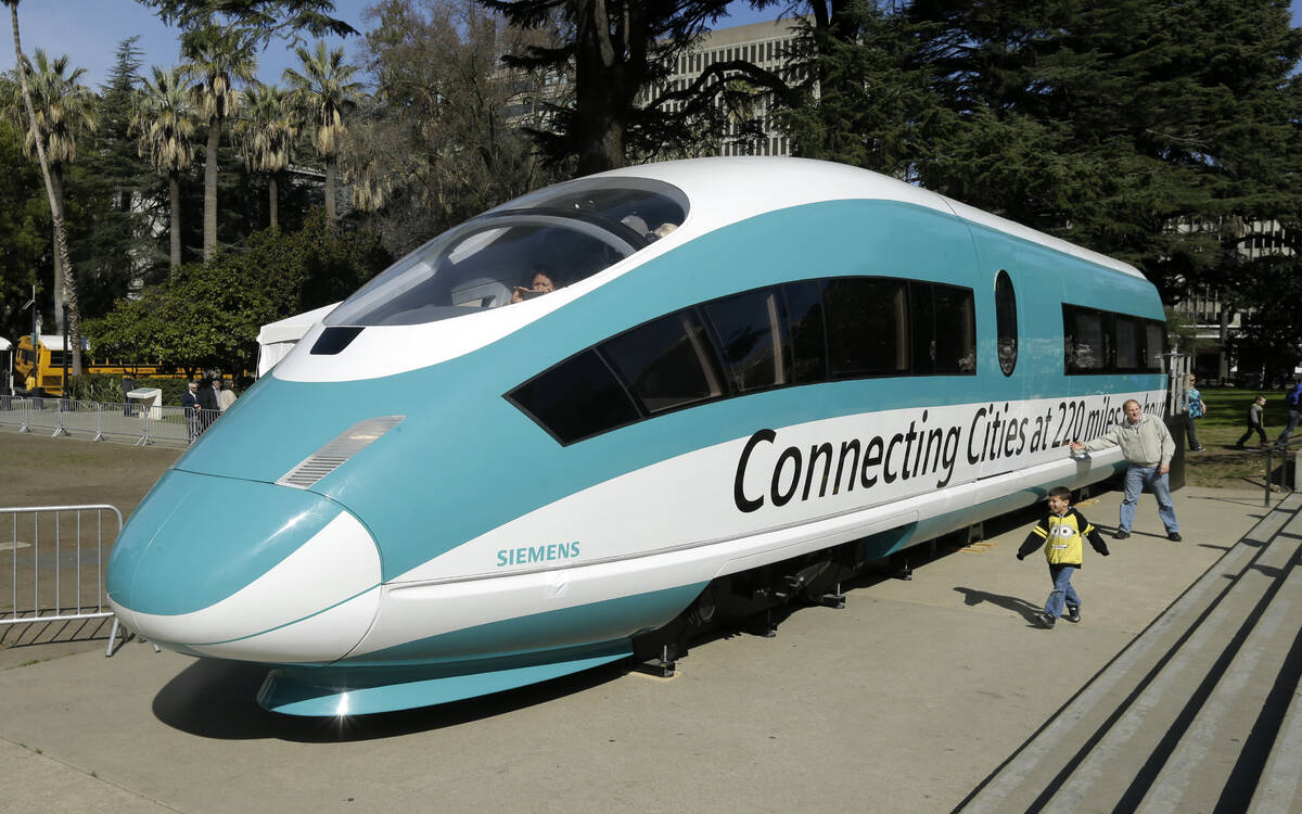 A full-scale mock-up of a high-speed train is displayed at the Capitol in Sacramento, Calif., i ...