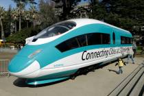 A full-scale mock-up of a high-speed train is displayed at the Capitol in Sacramento, Calif., i ...