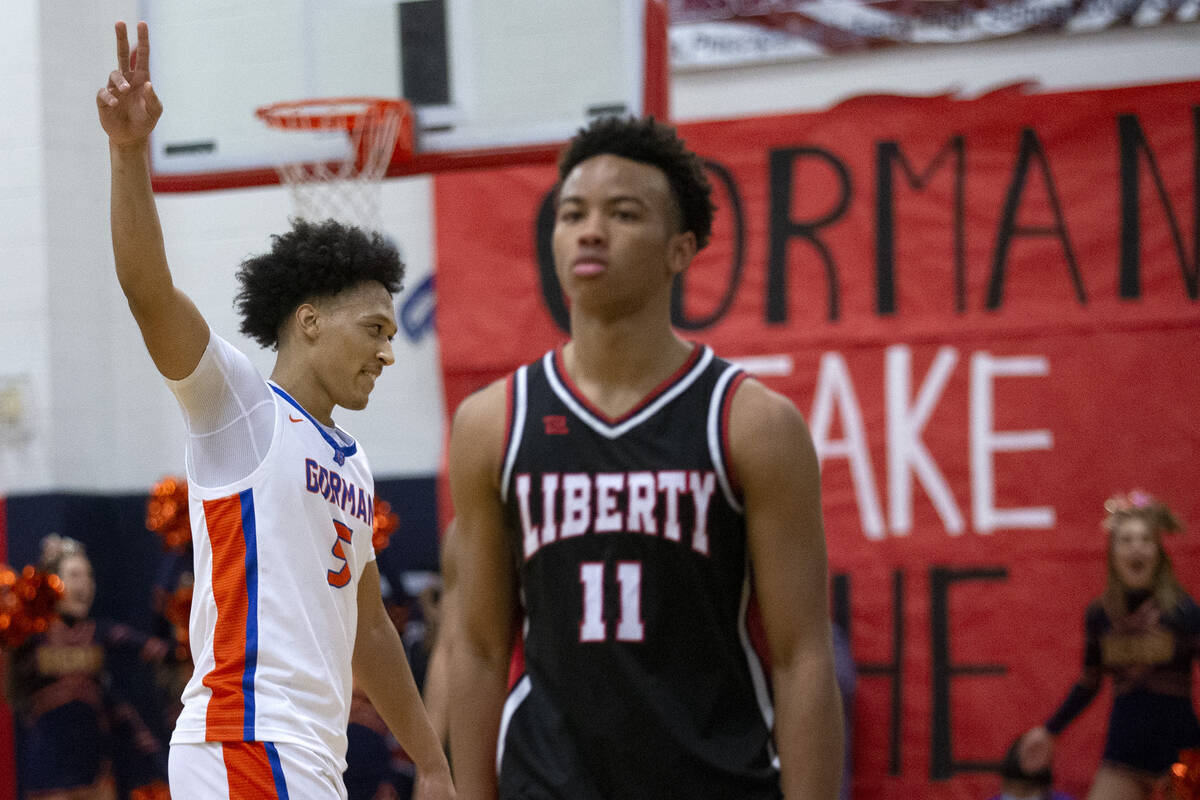 Bishop Gorman’s Darrion Williams (5) celebrates a win against Liberty while Liberty&#x20 ...