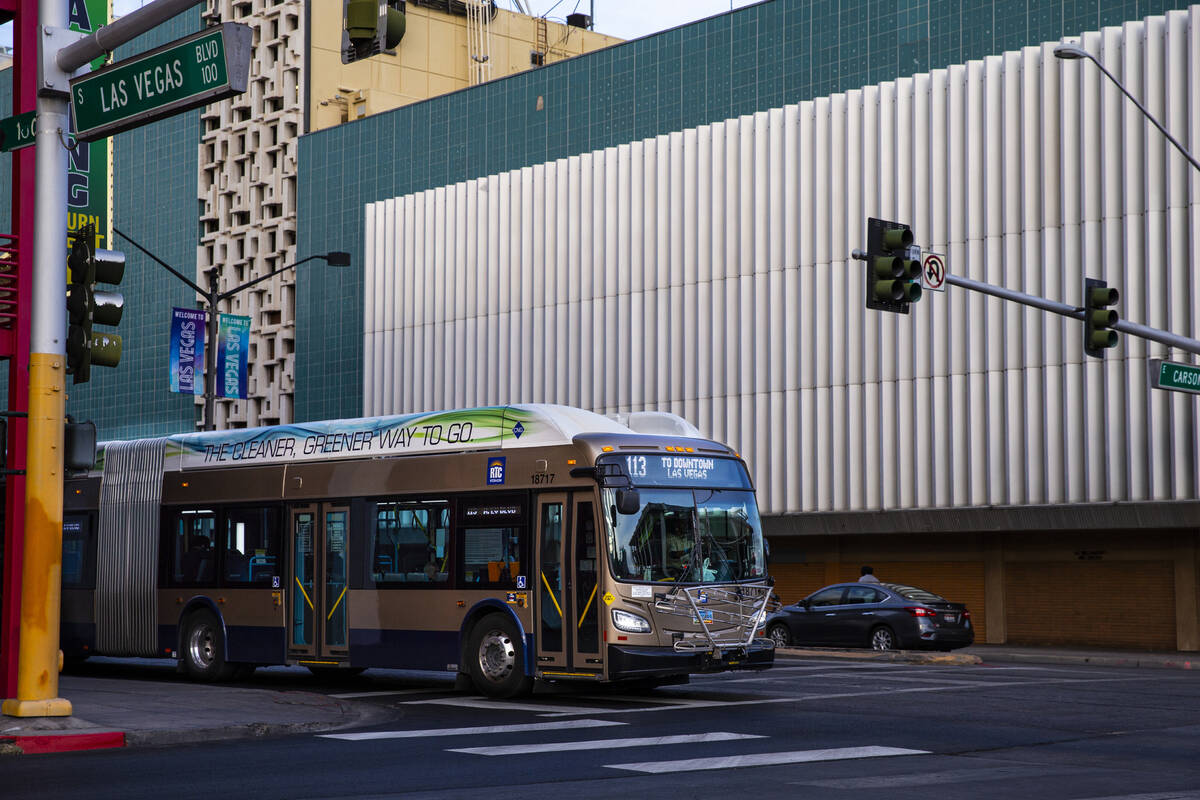 A Route 113 Regional Transportation Commission bus drives along Las Vegas Boulevard en route to ...