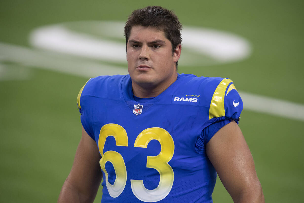Los Angeles Rams center Austin Corbett during an NFL football game against the Chicago Bears Mo ...
