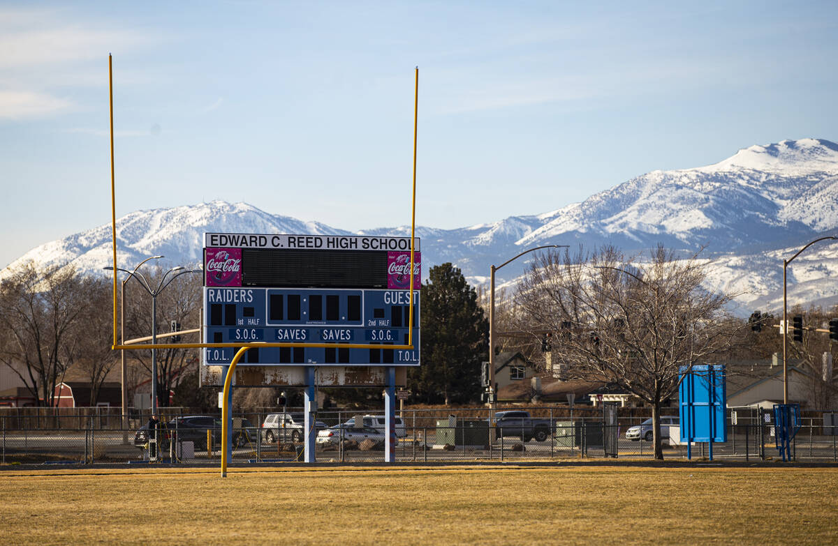 The football field at Reed High School is seen on Wednesday, Feb. 9, 2022, in Sparks. (Chase St ...