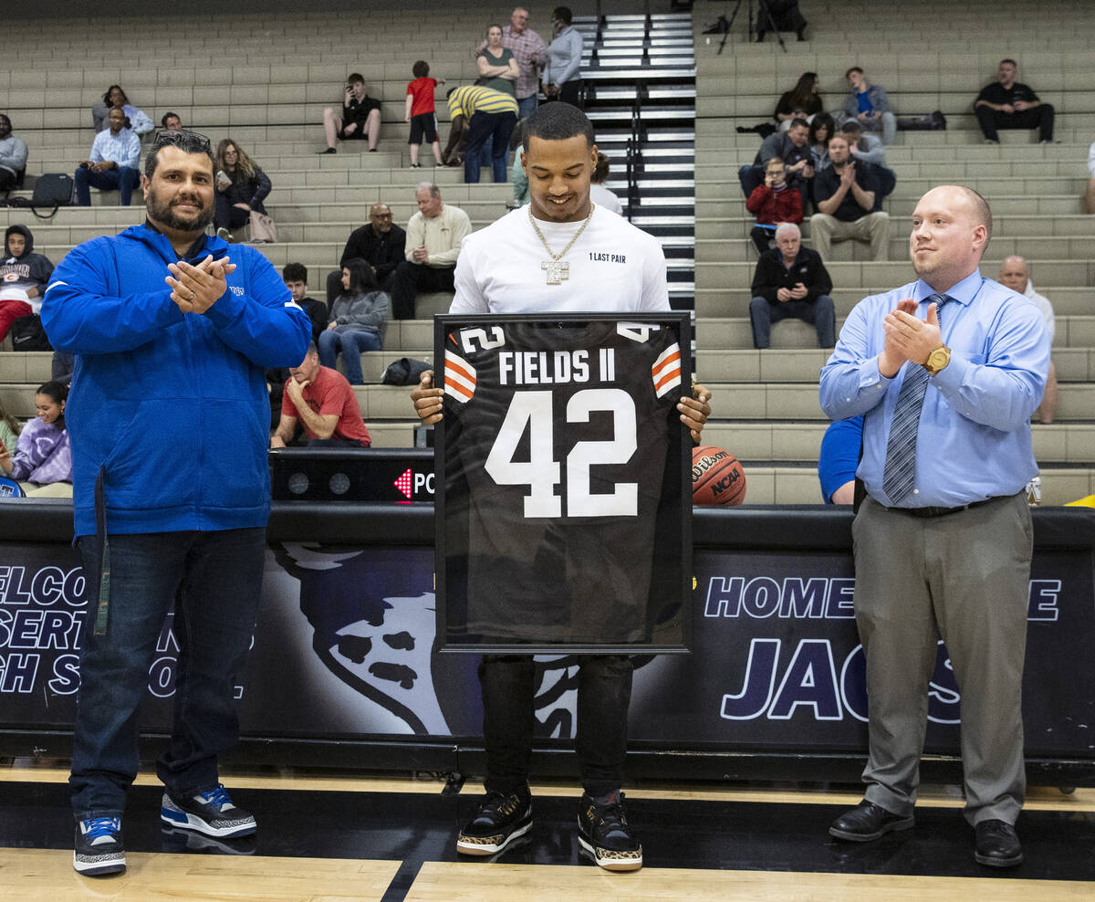 Cleveland Browns linebacker Tony Fields ll, a 2016 graduate of Desert Pines, looks at his #42 B ...