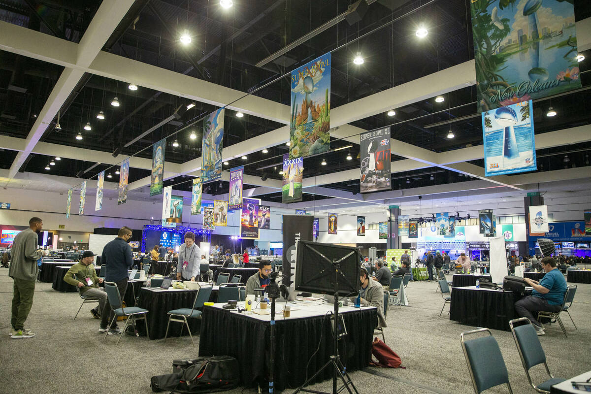 NFL media works on radio row during Super Bowl 56 week at the Los Angeles  Convention Center on …