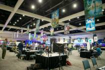 NFL media works on radio row during Super Bowl 56 week at the Los Angeles Convention Center on ...