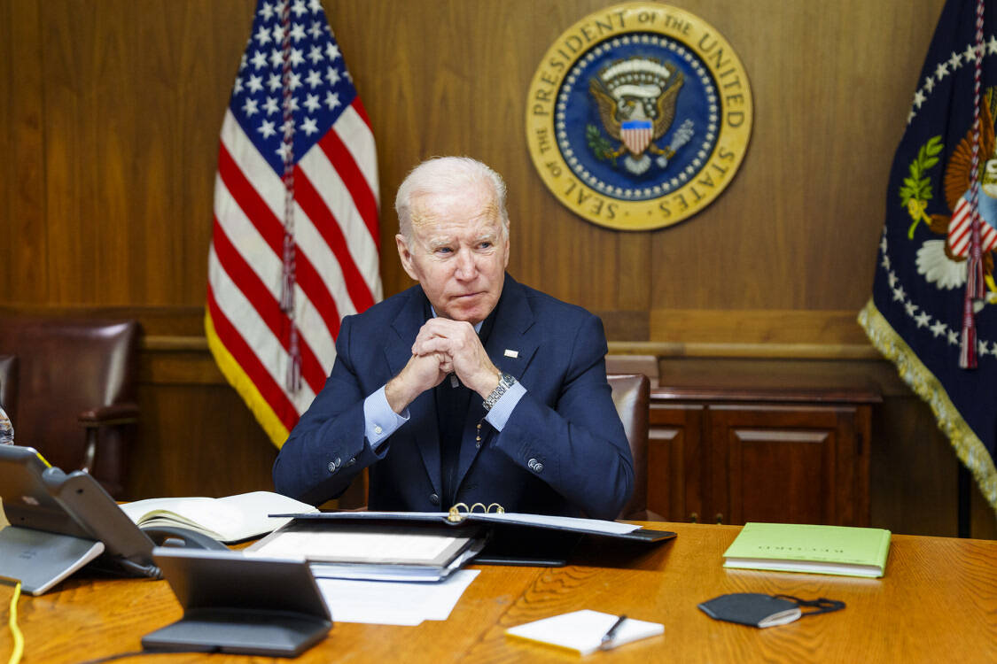 This image provided by The White House via Twitter shows President Joe Biden at Camp David, Md. ...