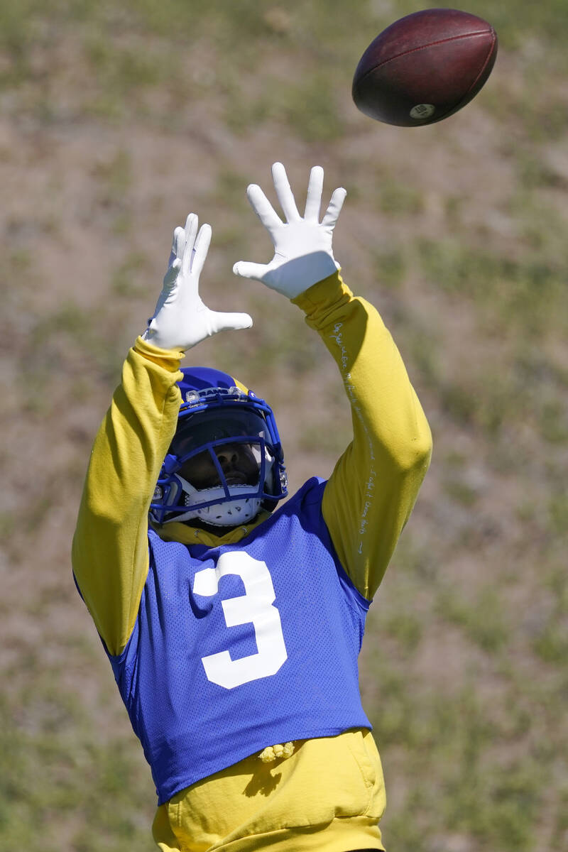 Los Angeles Rams wide receiver Odell Beckham Jr. catches a pass during practice for an NFL Supe ...