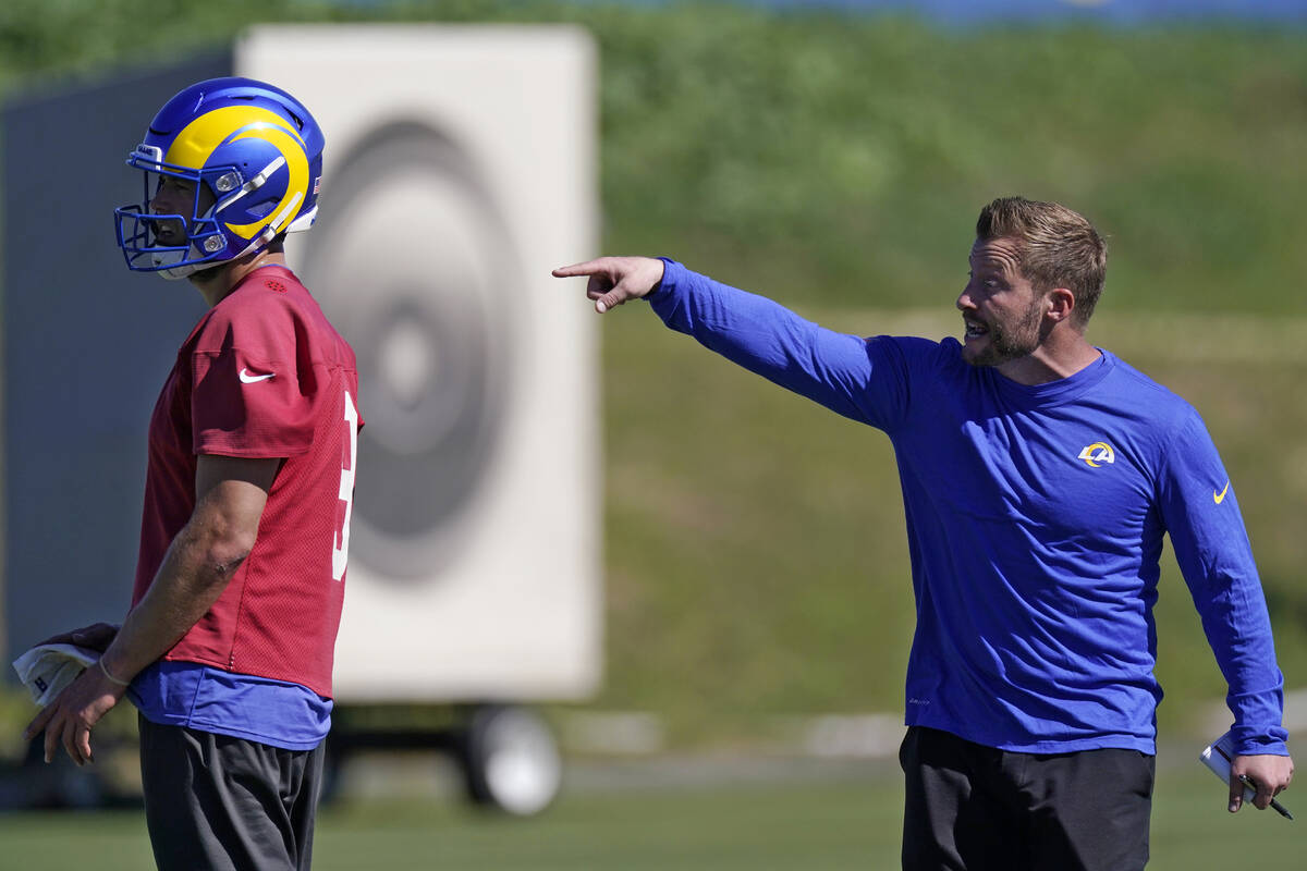 Los Angeles Rams head coach Sean McVay, right, gestures as quarterback Matthew Stafford stand b ...