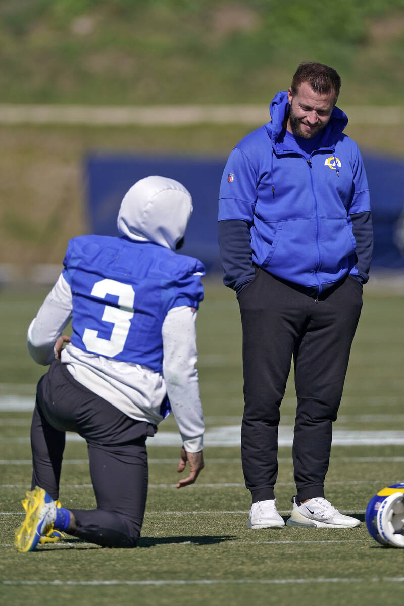 Los Angeles Rams head coach Sean McVay, right, talks to wide receiver Odell Beckham Jr. during ...