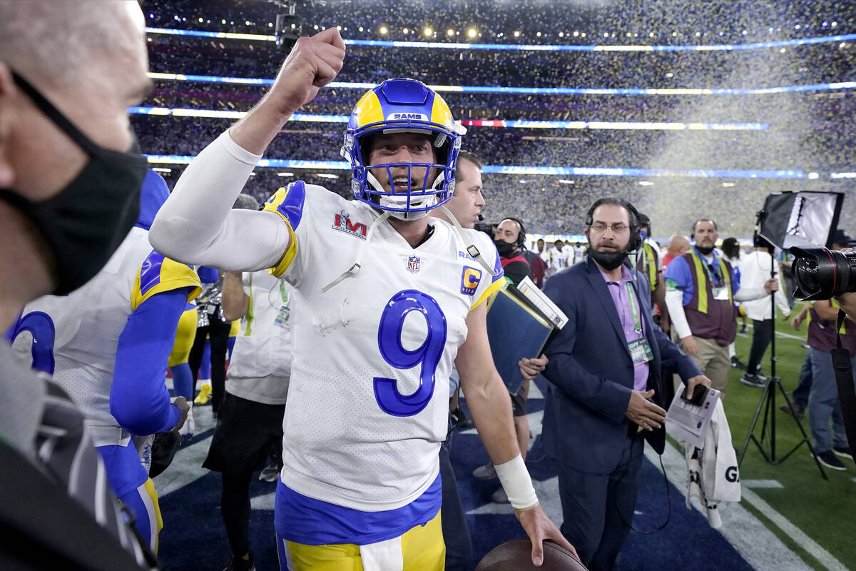 Los Angeles Rams quarterback Matthew Stafford celebrates after the Rams defeated the Cincinnati ...