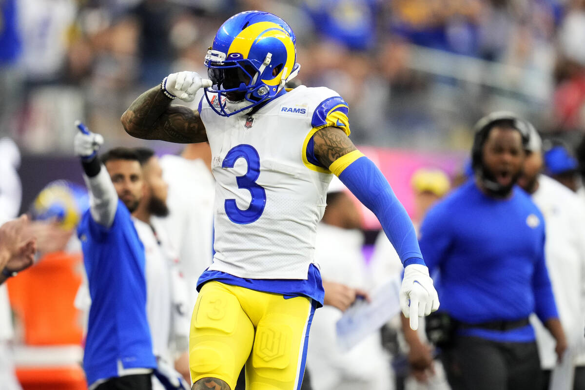 Los Angeles Rams wide receiver Odell Beckham Jr. reacts and salutes after a  first down on a 35- …