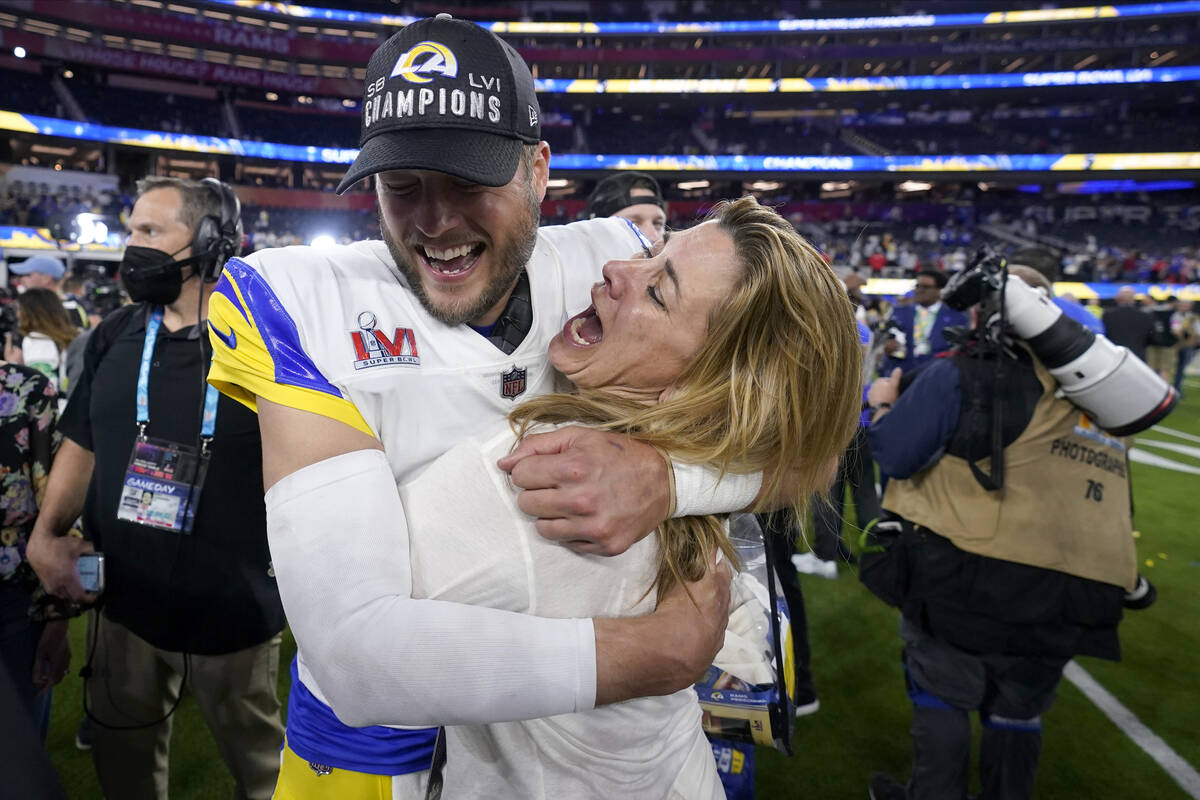 Los Angeles Rams quarterback Matthew Stafford, left, celebrates after defeating the Cincinnati ...