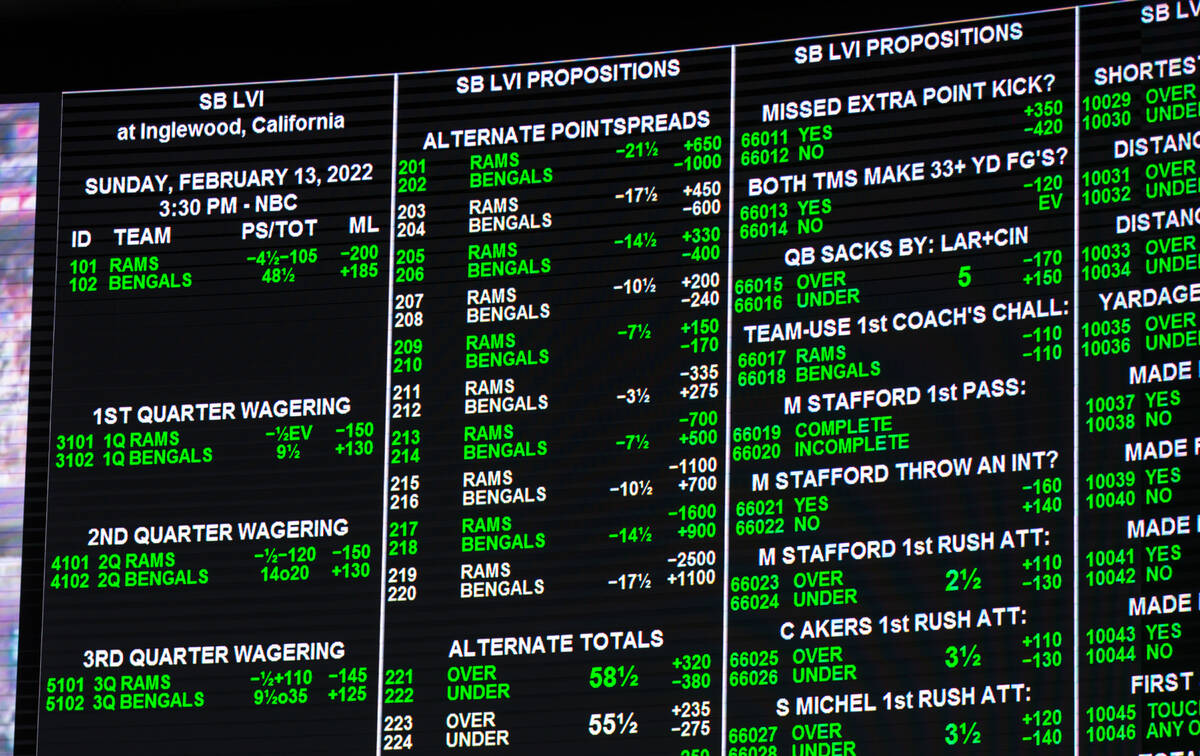 Betting odds are displayed just before the start of the Super Bowl at the Westgate SuperBook on ...