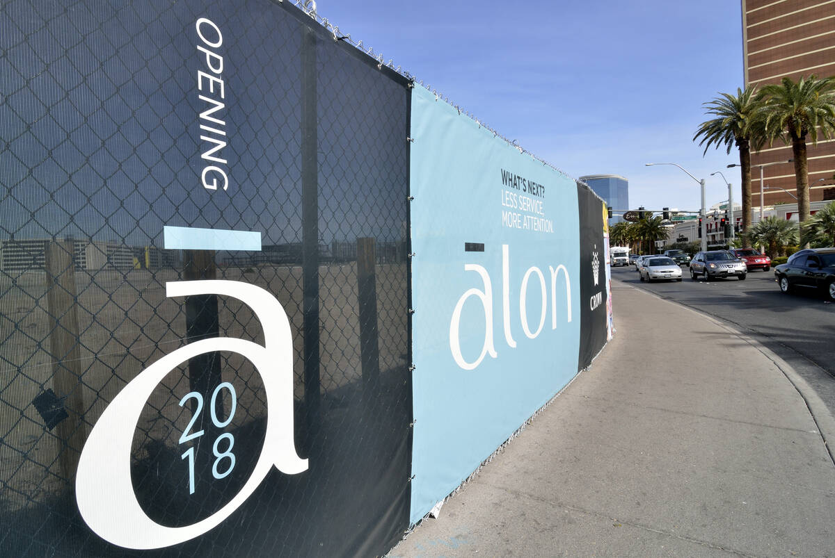 Signage for the Alon Las Vegas hotel-casino project is shown on the northwest corner of Las Veg ...