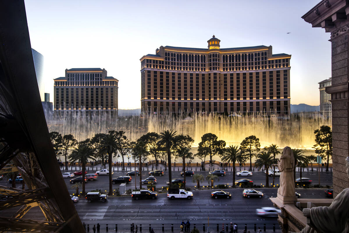 Bellagio is seen from the Chateau Rooftop at Paris Las Vegas on Wednesday,  Jan. 19, 2022, in La …