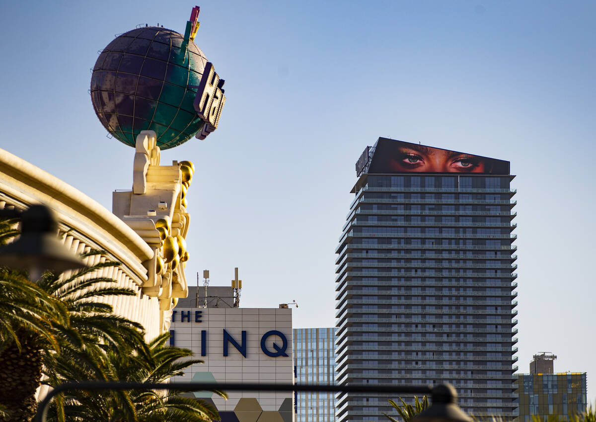 Hotel-casino marquees are seen along the Las Vegas Strip on Tuesday, Feb. 15, 2022, in Las Vega ...