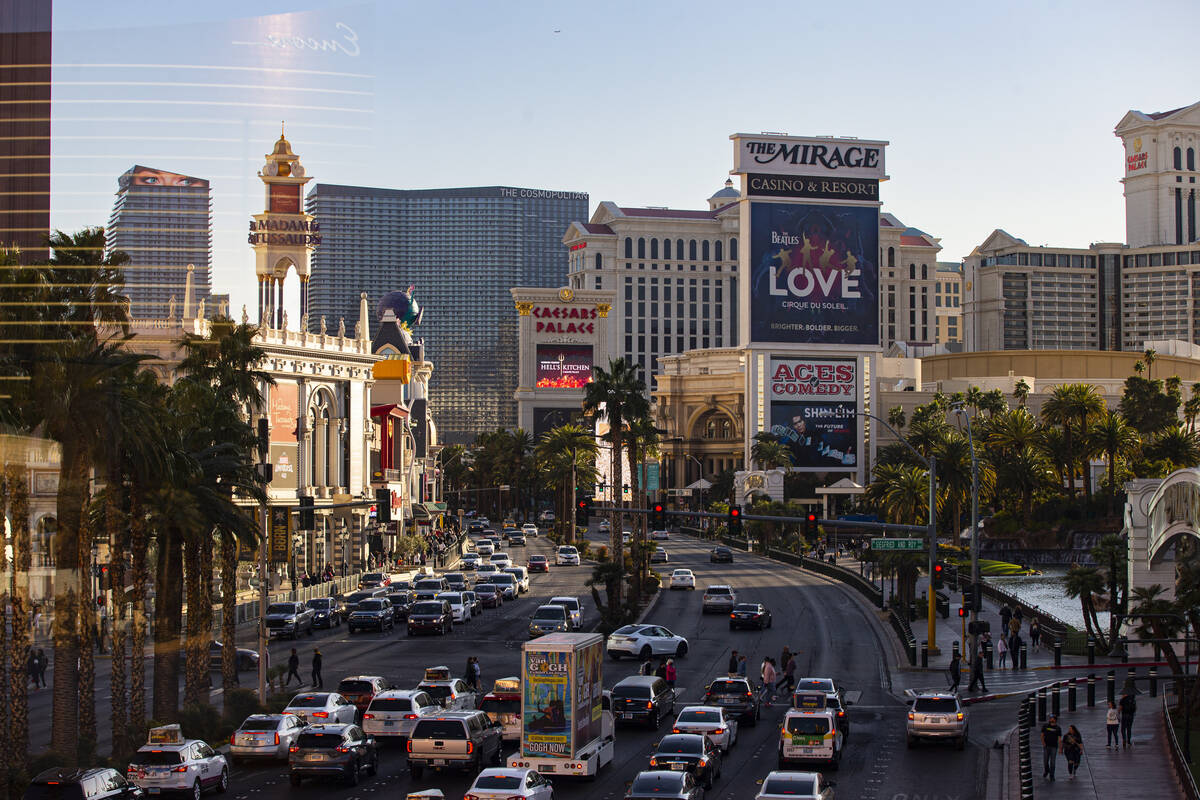 Hotel-casinos are seen along the Las Vegas Strip on Tuesday, Feb. 15, 2022, in Las Vegas. (Chas ...