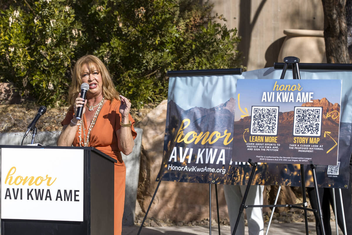 Laughlin Town Advisory Board Chair Kathy Ochs speaks about the bill to designate Avi Kwa Ame, t ...