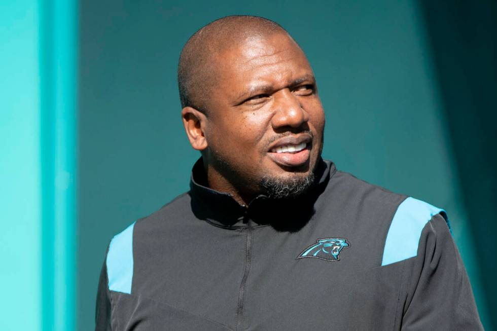 Jason Simmons, Carolina Panthers defensive passing game coordinator and secondary coach, heads to the...