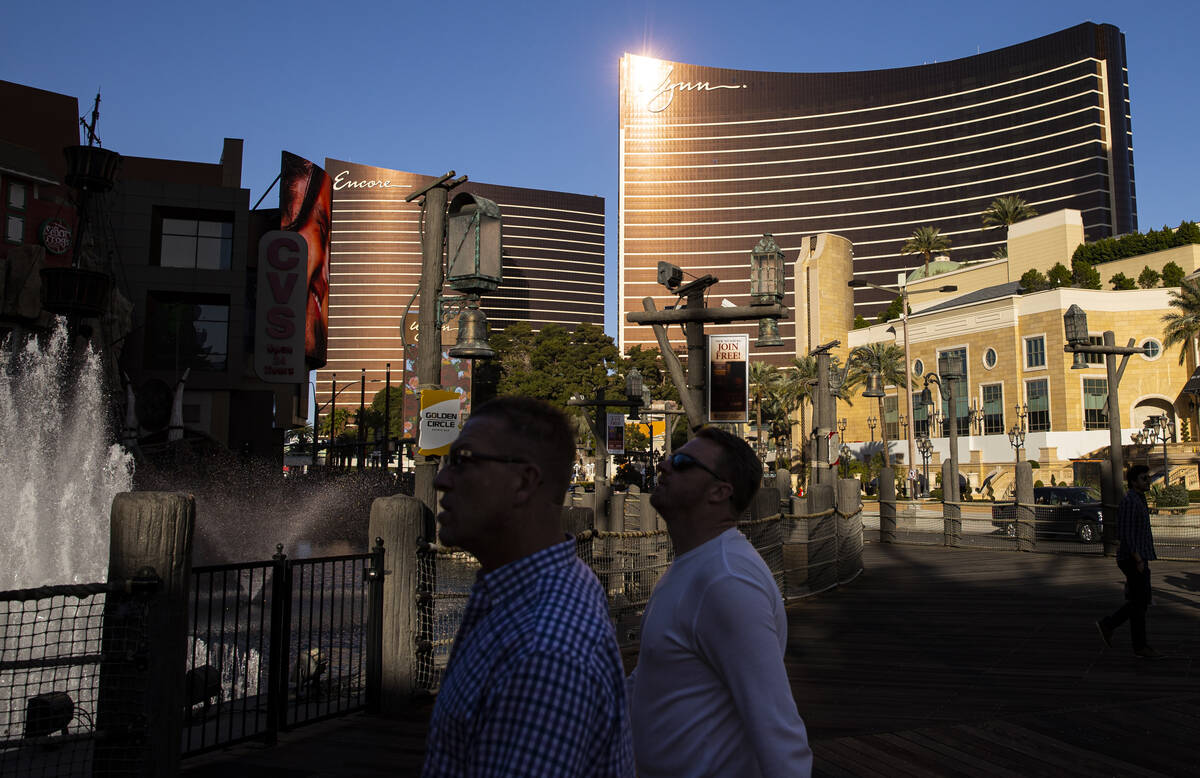 Wynn is pictured in the background along the Las Vegas Strip on Tuesday, Feb. 15, 2022, in Las ...
