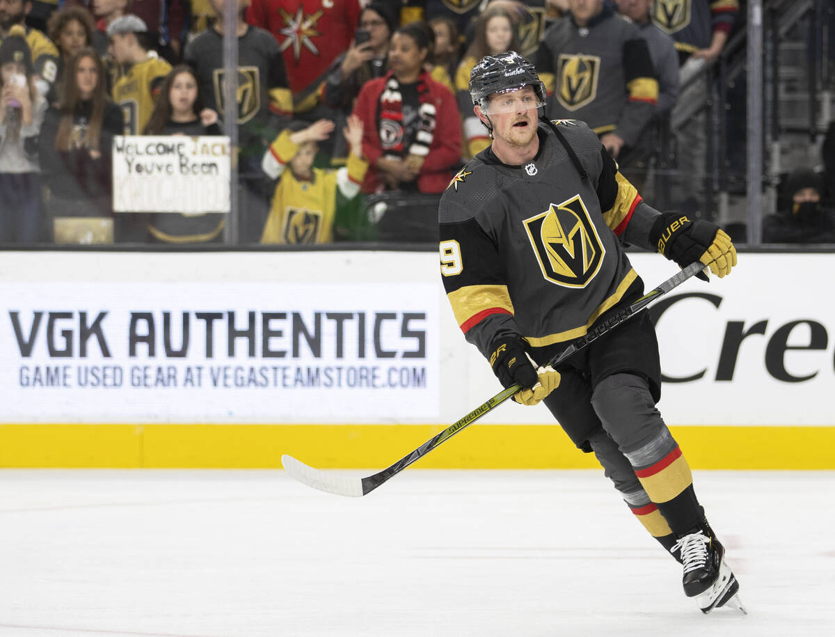 Golden Knights center Jack Eichel (9) warms up before the start of an NHL hockey game against t ...