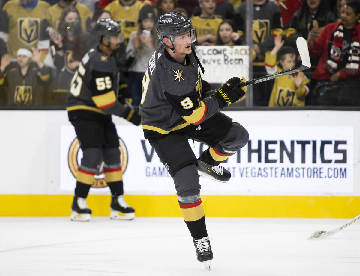 Golden Knights center Jack Eichel (9) warms up before the start of an NHL hockey game against t ...