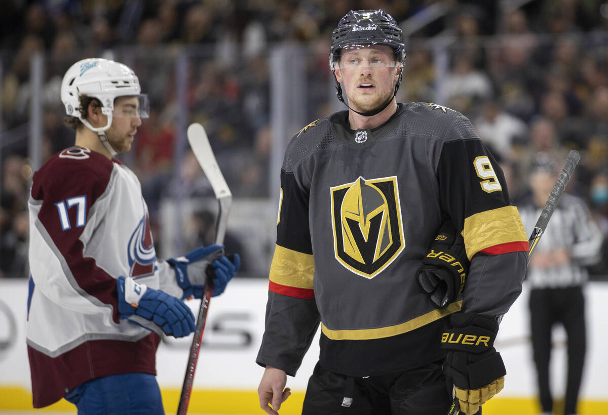 Golden Knights center Jack Eichel (9) prepares for a face off in the first period during an NHL ...