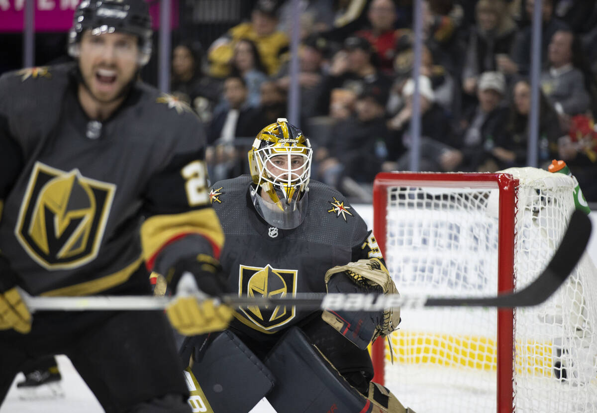 Golden Knights goaltender Laurent Brossoit (39) defends the goal in the second period during an ...