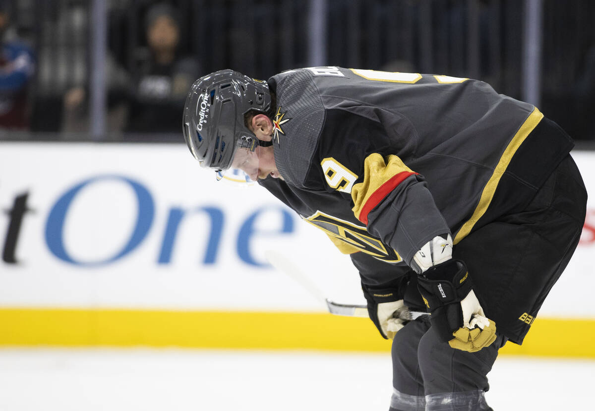 Golden Knights center Jack Eichel (9) tries to catch his breath in the second period during an ...