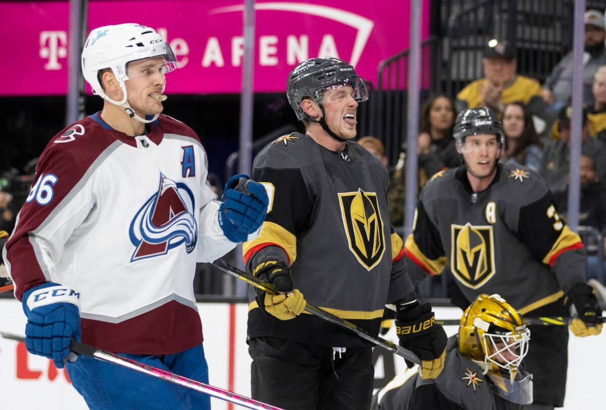 Golden Knights center Jack Eichel (9) takes a deep breath after defending a goal attempt from C ...
