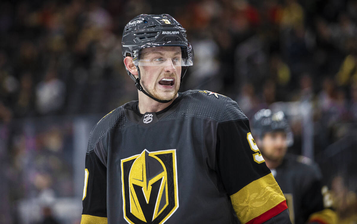 Golden Knights center Jack Eichel (9) shows his frustration in the third period during an NHL ...