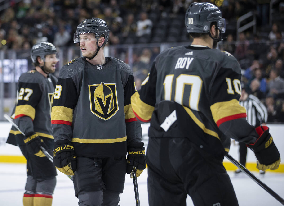 Golden Knights center Jack Eichel (9) looks back at the bench before a face off in the third pe ...